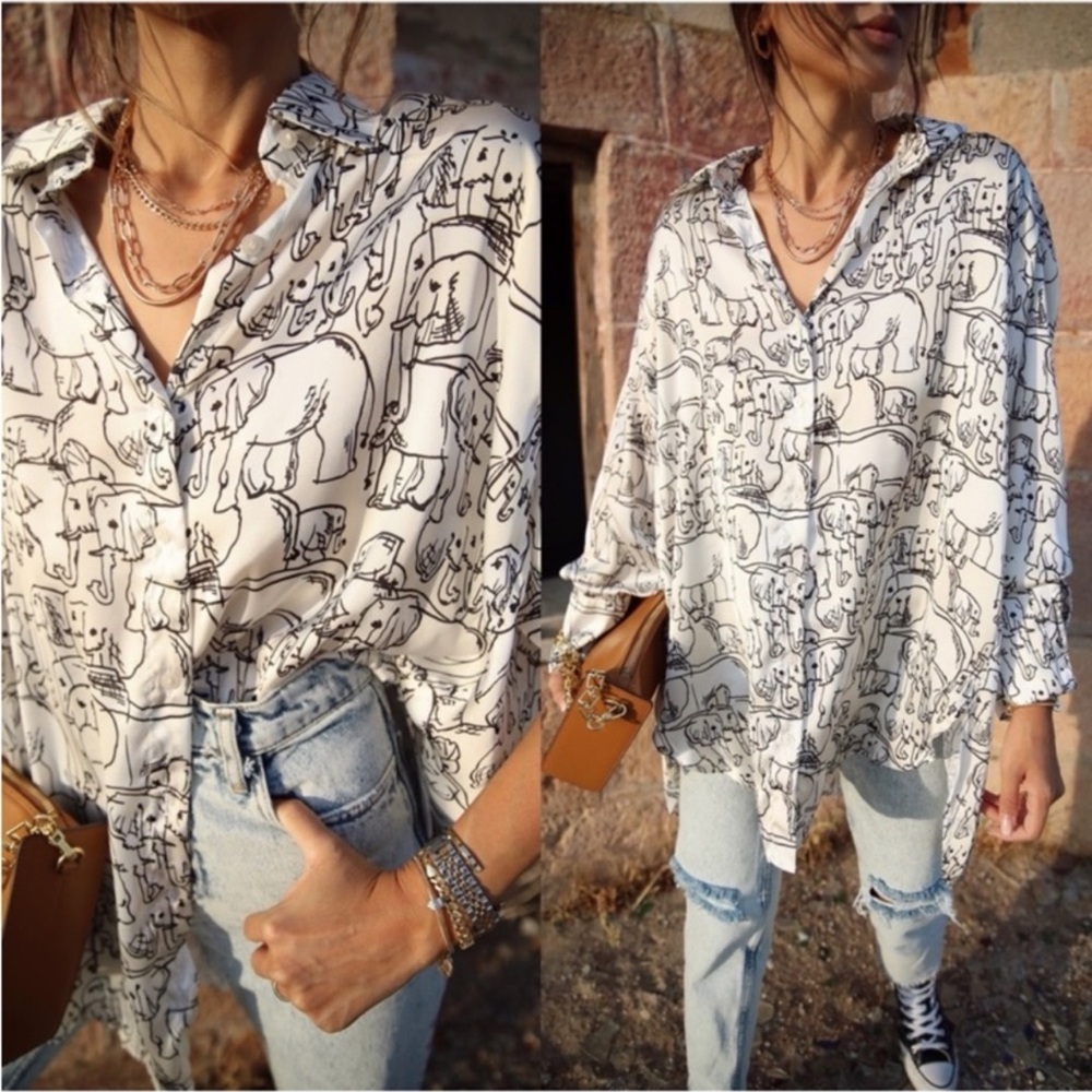 ZARA Oversized Long Sleeve Button Down Shirt with Elephant Print, sz. XS